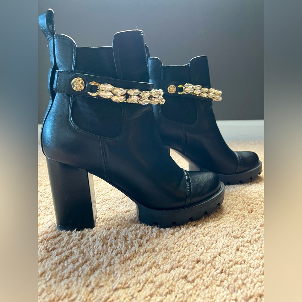 Guess Black Ankle Boots (Gold and rhinestone accents)